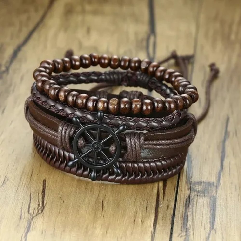 4Pcs/ Ships Wheel Leather Bracelet Set | Men's Multi-layer Leather Bracelets